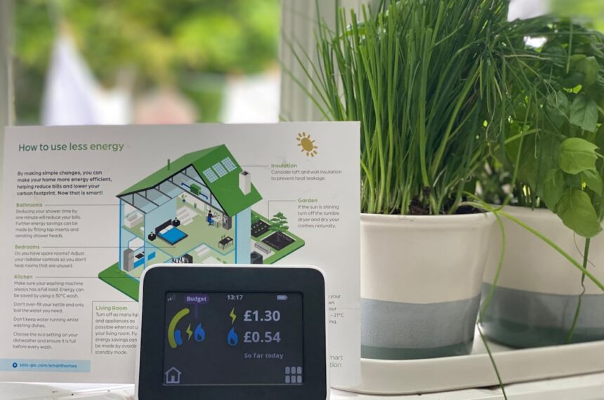 Smartphone steuert Thermostat und Steckdosen, um Energie zu sparen.