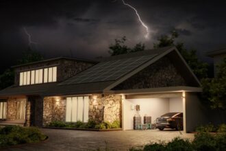 Intelligentes Schloss in einer Haustür, das sich per Smartphone öffnet und den Heizungsregler im Flur automatisch anpasst, um Energie zu sparen.