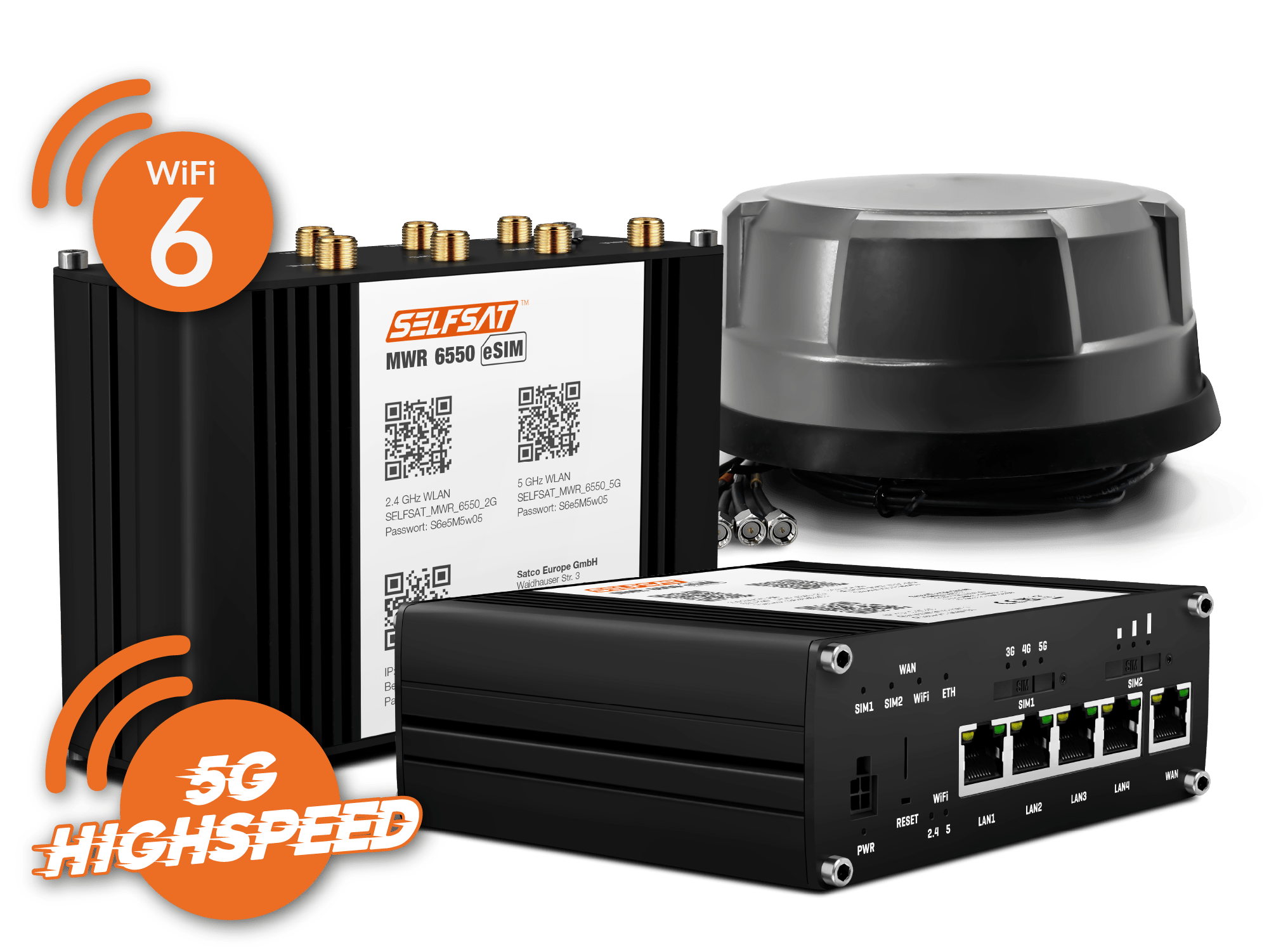 SELFSAT MWR 6550 eSIM 5G Cat 19 WiFi 6 WLAN Router bis 3,4 Gbps inkl. Panorama Antenne schwarz - Produktbild