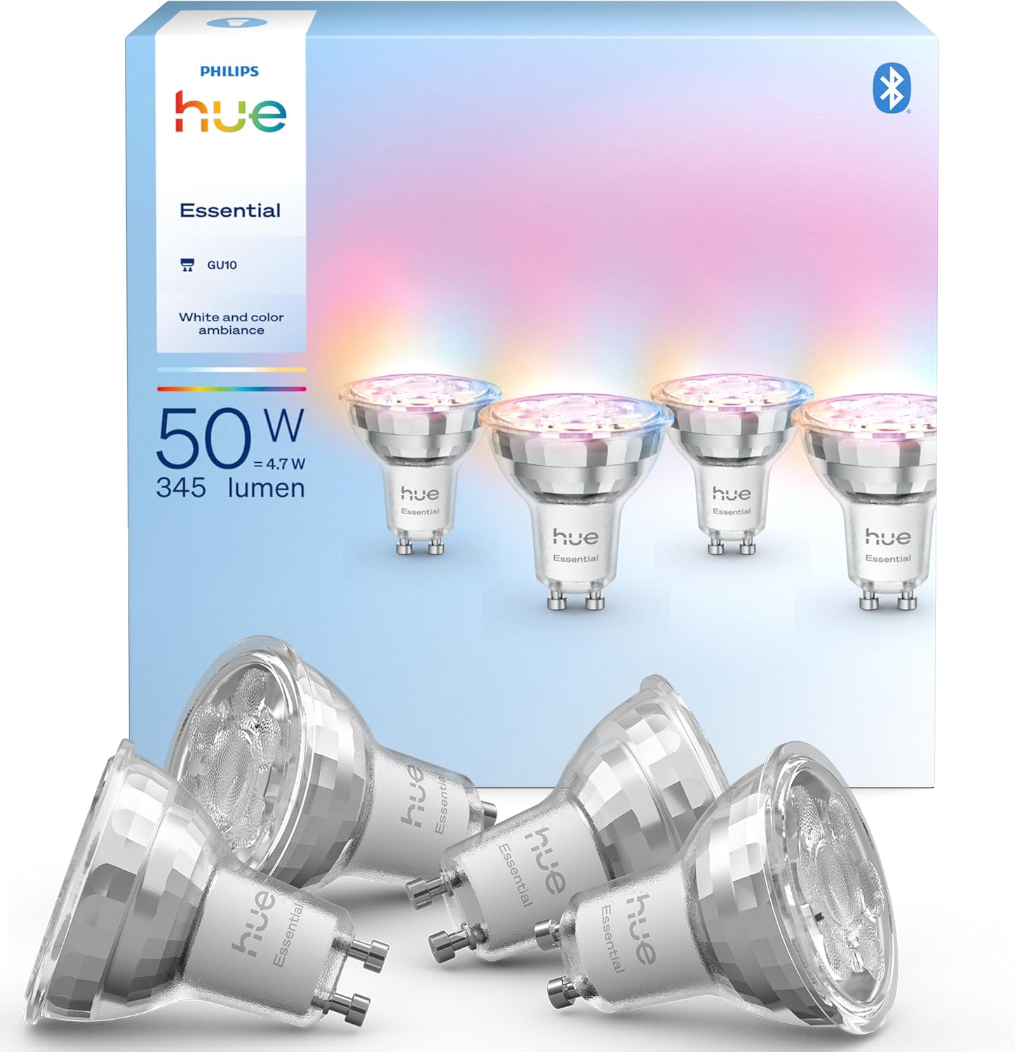 Philips Hue Essential Smart LED GU10 Spotlight, Weiß und Farbe, 345 lm Energiesparlampen, dimmbar, LED Leuchtmittel kompatibe
