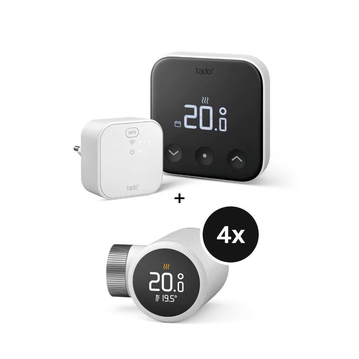 tado° X Starter Kit mit Smartes Thermostat, Heizkörper-Thermostat - 4er-Set & Bridge - für Gasthermen